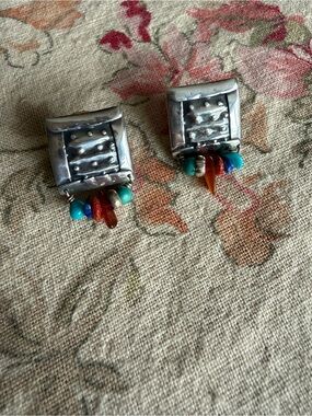 Sterling Silver Square Post Earrings with Turquoise, Amber & Coral
